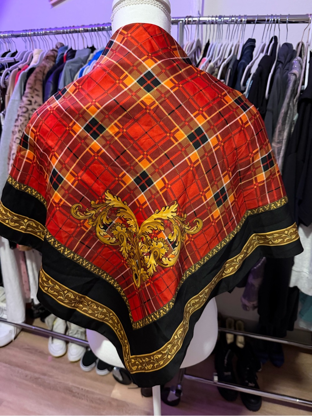 Black & Red Plaid Scarf with Gold Scroll Accents